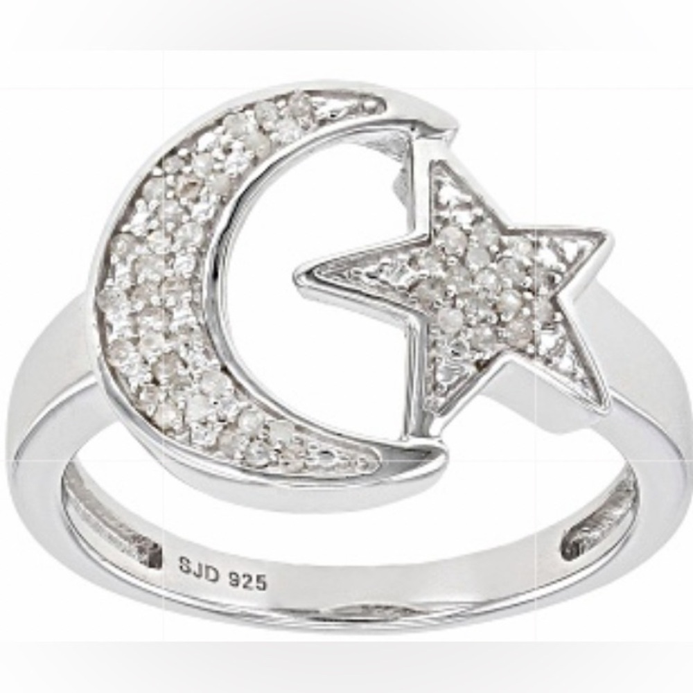 White Diamond Rhodium Over Sterling Silver Moon And Star Ring 0.15ctw